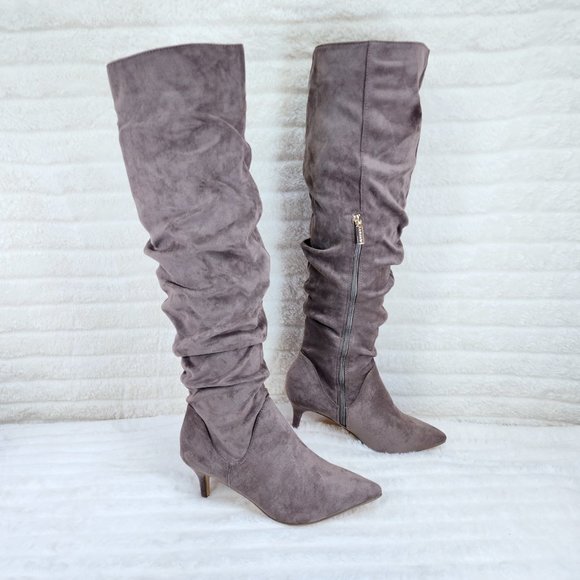 Autumn Pointy Toe Low Kitten Heel Slouchy Knee High Boots Taupe Faux Suede - Picture 7 of 10
